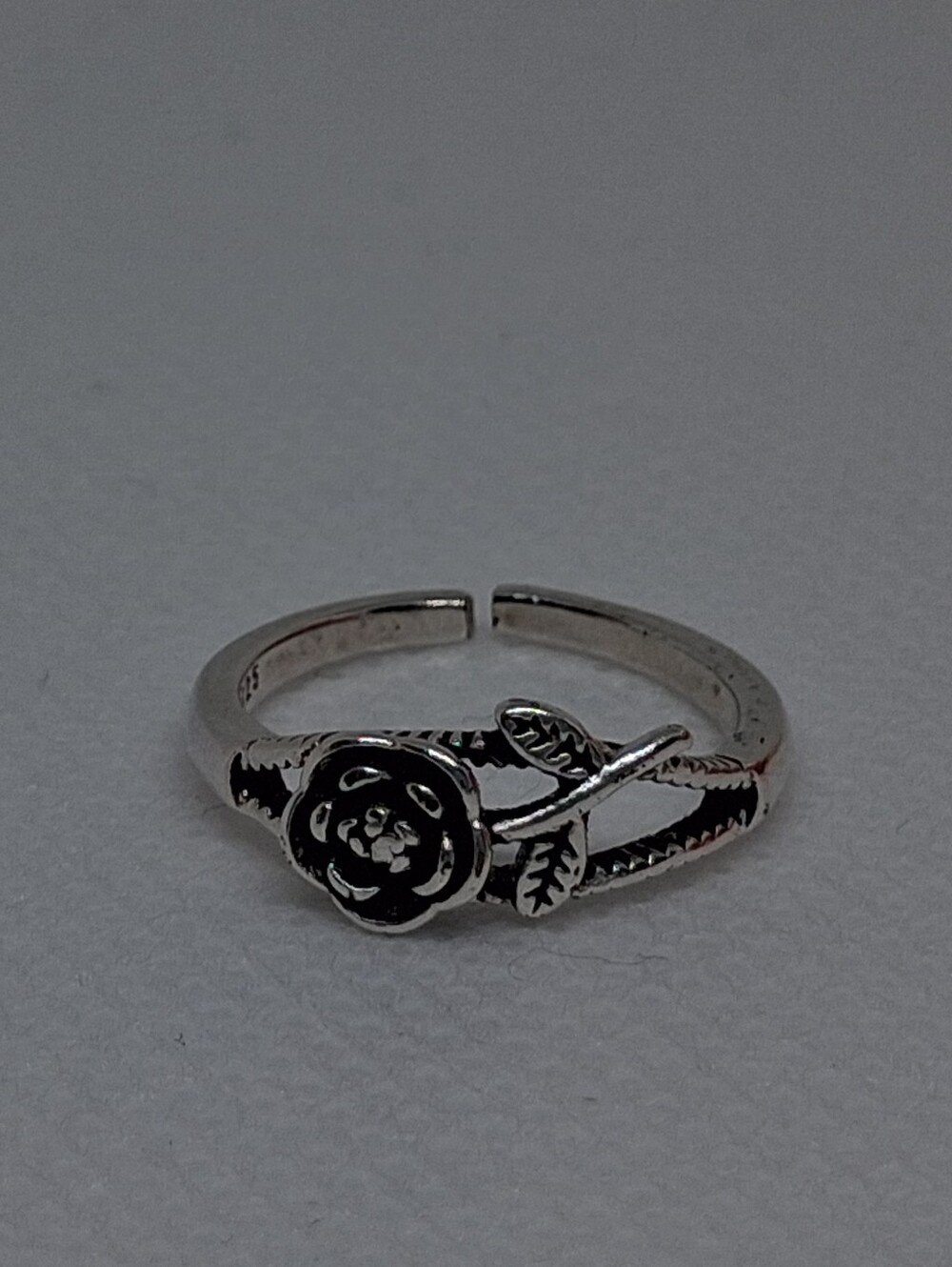 Rose Flower and Leaves Antiqued Sterling Silver Pinky Band Toe Ring